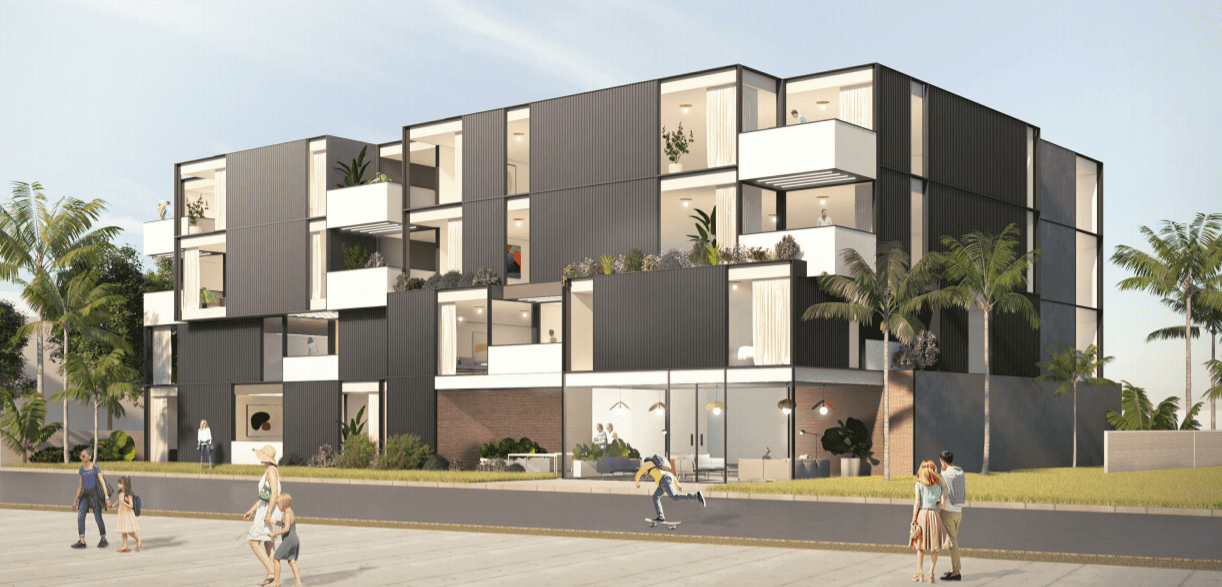 An artist's rendering of an apartment building.